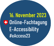 Blauer Kreis: Links das Logo des Bundes. Überschrift: Save the date. Titel: 16. Novmber 2023. Text: Online-Fachtaung. E-Accessibility. #eAccess22