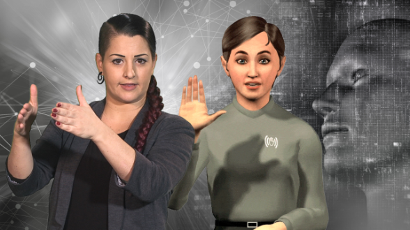 Image montrant une femme qui parle la langue des signes. A sa droite, une femme comme avatar montrant la langue des signes.